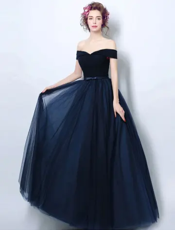 Vintage Marine Blauwe Avondjurk Geplisseerde Tule De Schouder Lange Jurk
