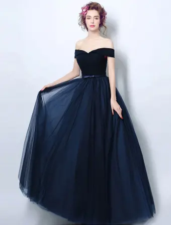Robe De Soirée Vintage Bleu Marine Tulle Plissé Sur L Épaule Robe Longue