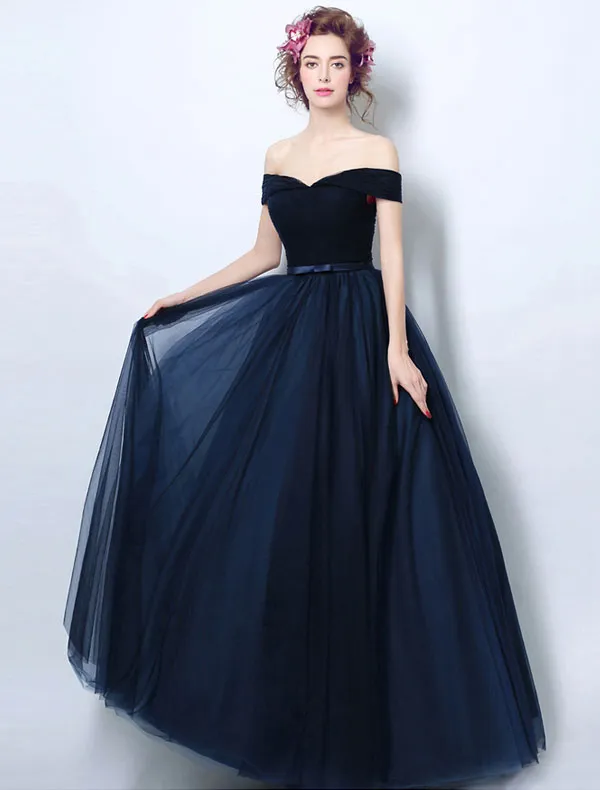 Vintage Navy Blue Evening Dress Pleated Tulle Off The Shoulder Long Dress
