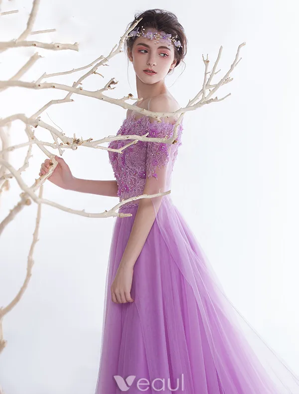 Glamorous Evening Dresses 2017 Off The Shoulder Applique Flowers Beading Rhinestones Dress With Long Sleeves Train