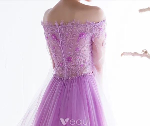 Glamorous Evening Dresses 2017 Off The Shoulder Applique Flowers Beading Rhinestones Dress With Long Sleeves Train