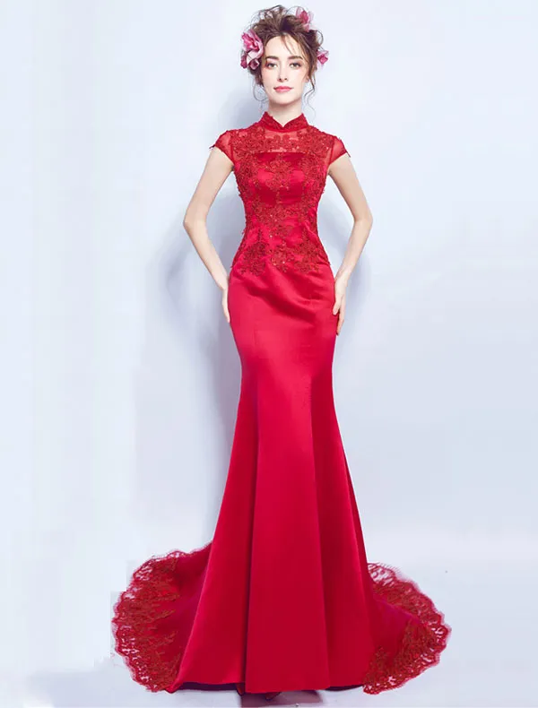 Elegant Long Evening Dress 2017 Red Lace Mermaid Dress High Neck