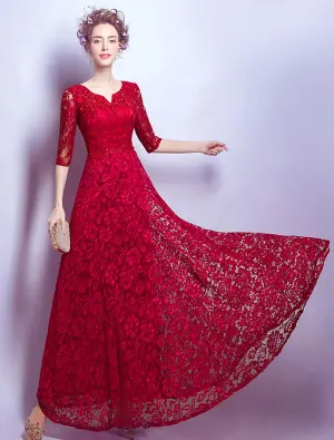 Elegancka Suknia Wieczorowa 2017 Z Pół Rękawy Koronki Burgundy Długa Suknia Zroszony Kryształ