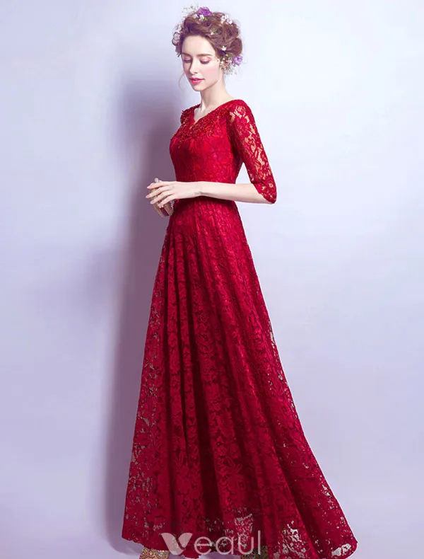 Elegant Aftenkjole 2017 Med Halvlange Ermer Burgundy Blonder Lang Kjole Beaded Crystal