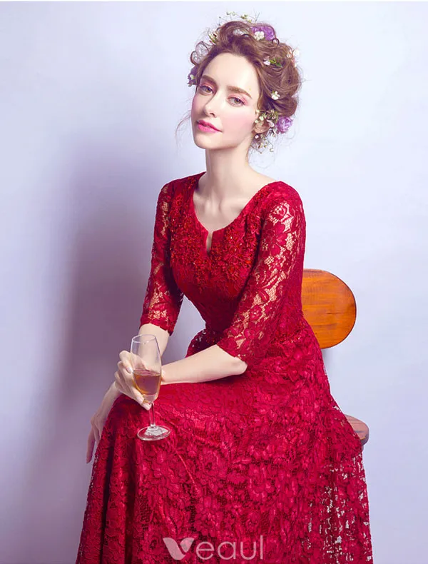 Elegant Aftenkjole 2017 Med Halvlange Ermer Burgundy Blonder Lang Kjole Beaded Crystal