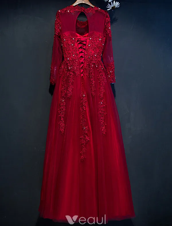 Glamorous Evening Dresses 2017 Scoop Neckline Applique Lace Burgundy Tulle Dress With Long Sleeves