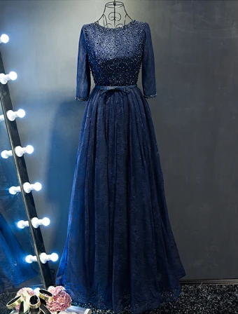 Paillettes Robe De Bal Soriee 2017 Perles Scoop Décolleté Bleu Marine Robe De Dentelle Avec Étrave