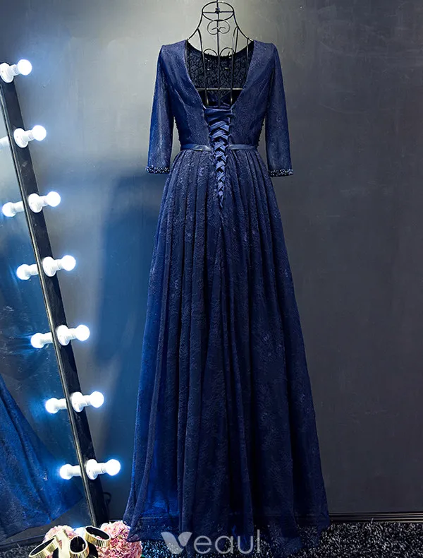 Glitter Prom Dresses 2017 Beading Scoop Neckline Navy Blue Lace Dress With Bow Sash