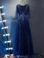 Glitter Prom Dresses 2017 Beading Scoop Neckline Navy Blue Lace Dress With Bow Sash