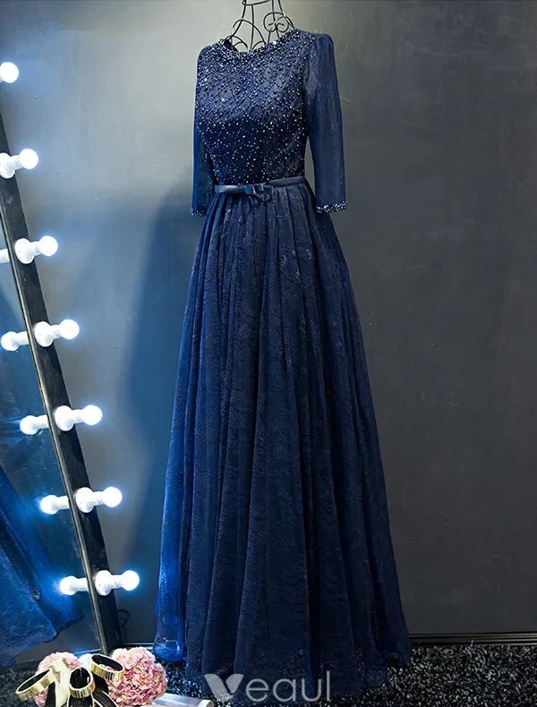 Glitter Prom Dresses 2017 Beading Scoop Neckline Navy Blue Lace Dress With Bow Sash