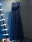 Glitter Prom Dresses 2017 Beading Scoop Neckline Navy Blue Lace Dress With Bow Sash