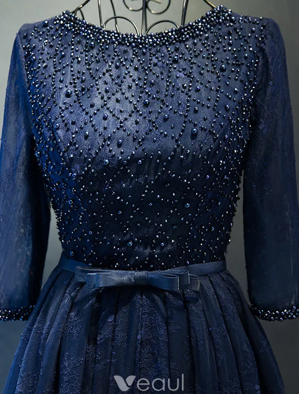 Glitter Prom Dresses 2017 Beading Scoop Neckline Navy Blue Lace Dress With Bow Sash