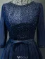 Glitter Prom Dresses 2017 Beading Scoop Neckline Navy Blue Lace Dress With Bow Sash