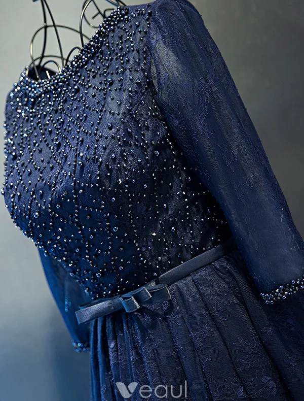 Glitter Prom Dresses 2017 Beading Scoop Neckline Navy Blue Lace Dress With Bow Sash