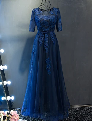 Elegante Avondjurken 2017 Ronde Hals Applique Kant Marine Blauwe Jurk