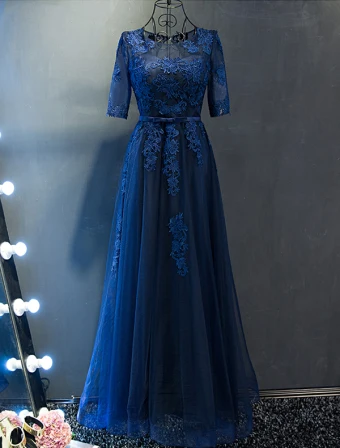 Robe De Soirée Élégantes 2017 Scoop Décolleté Applique Dentelle Robe Bleu Marine