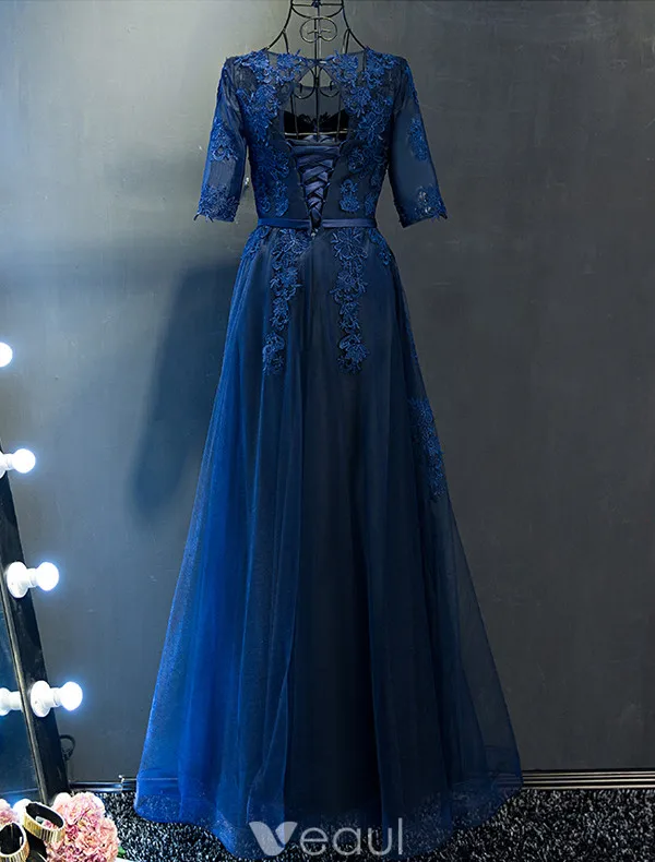 Elegant Evening Dresses 2017 Scoop Neckline Applique Lace Navy Blue Dress