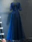 Elegant Evening Dresses 2017 Scoop Neckline Applique Lace Navy Blue Dress