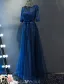 Elegant Evening Dresses 2017 Scoop Neckline Applique Lace Navy Blue Dress