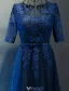 Elegant Evening Dresses 2017 Scoop Neckline Applique Lace Navy Blue Dress