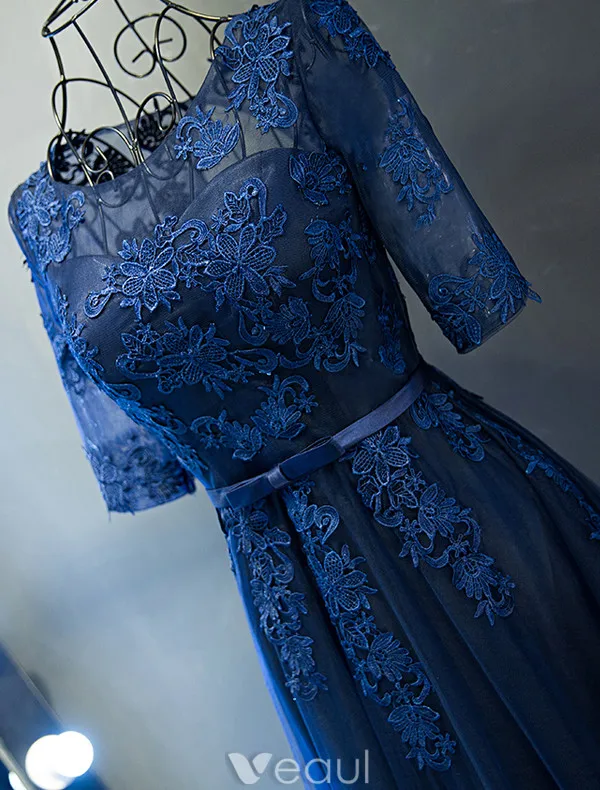 Elegant Evening Dresses 2017 Scoop Neckline Applique Lace Navy Blue Dress