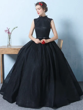 Princesse Sans Manches Robe De Bal 2017 Perles De Haute Cou Robe Noire Tulle