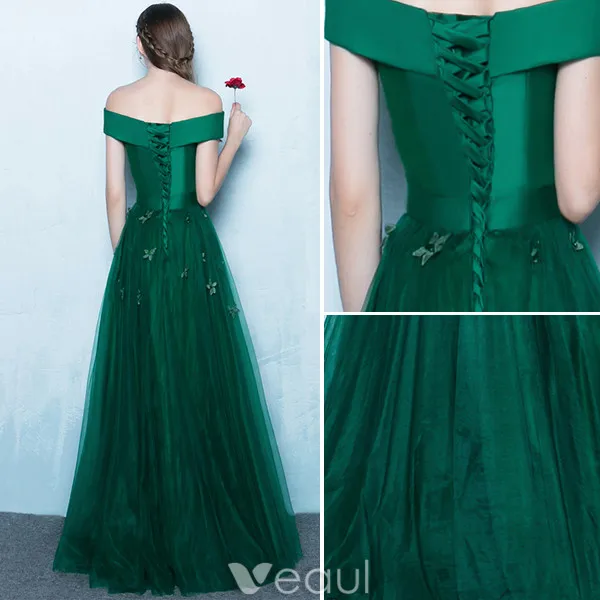 Robes De Bal Élégantes 2017 De L'épaule Vert Foncé Longue Robe Dos Nu