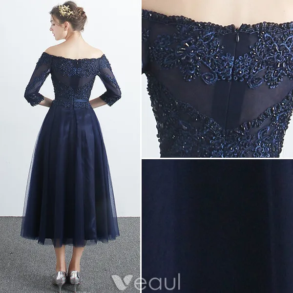 Eleganckie Sukienki Na Bal Studniówkę 2017 Off The Shoulder 3/4 Rękawy Granatowej Sukience