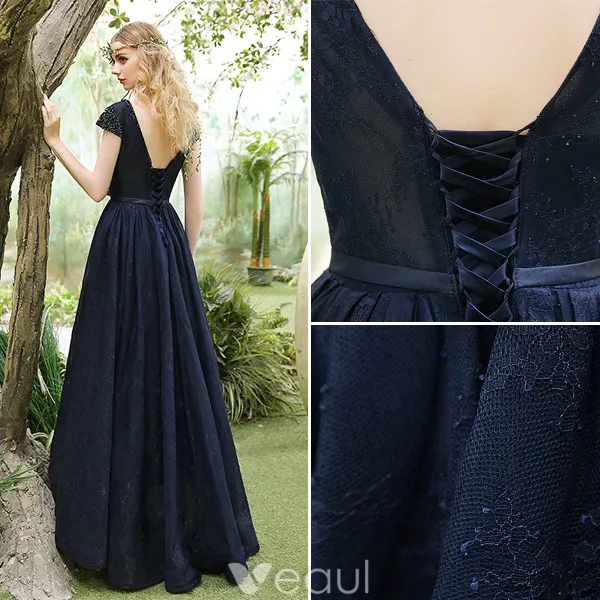 Elegant Evening Dresses 2017 Beading Scoop Neckline Navy Blue Asymmetrical Lace Dress