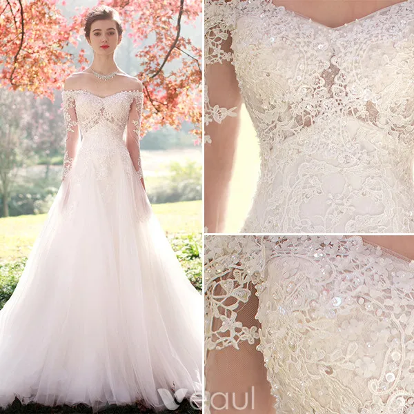 Elegant A-line Wedding Dresses 2017 Off The Shoulder Beading Applique Lace Bridal Gowns With Sleeves