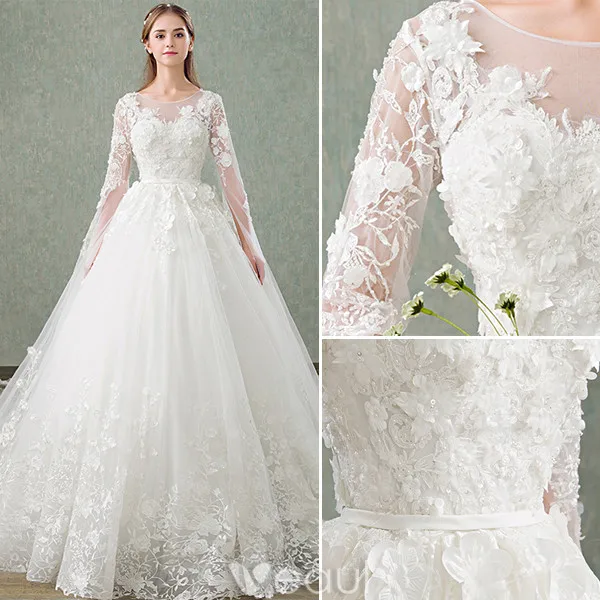 Princess Wedding Dresses 2017 Unique Sleeves Design Applique Lace Bridal Gowns With 1 M Train