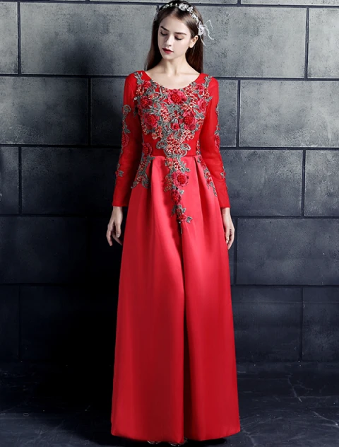 Vintage Prom Dresses 2017 Scoop Neck Applique Lace Flowers Chinese Style Dress