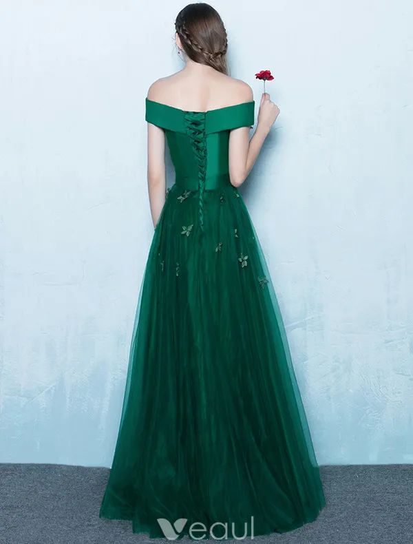 Robes De Bal Élégantes 2017 De L'épaule Vert Foncé Longue Robe Dos Nu