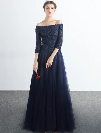 Robe De Bal Élégantes 2017 De L Épaule 3 4 Manches Robe Bleu Marine