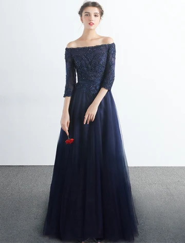 Robe De Bal Élégantes 2017 De L Épaule 3 4 Manches Robe Bleu Marine