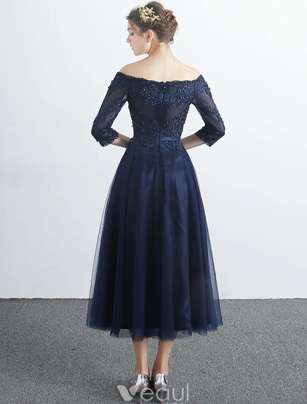 Eleganckie Sukienki Na Bal Studniówkę 2017 Off The Shoulder 3/4 Rękawy Granatowej Sukience