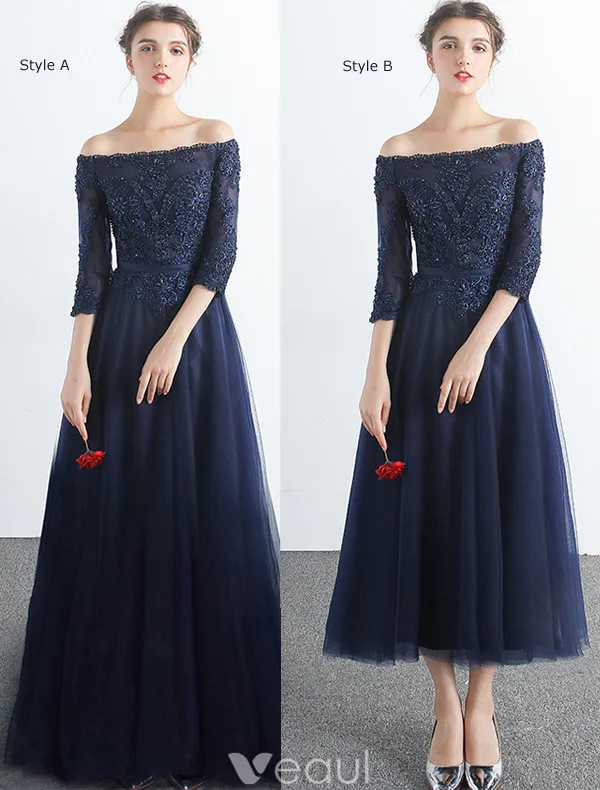 Eleganckie Sukienki Na Bal Studniówkę 2017 Off The Shoulder 3/4 Rękawy Granatowej Sukience