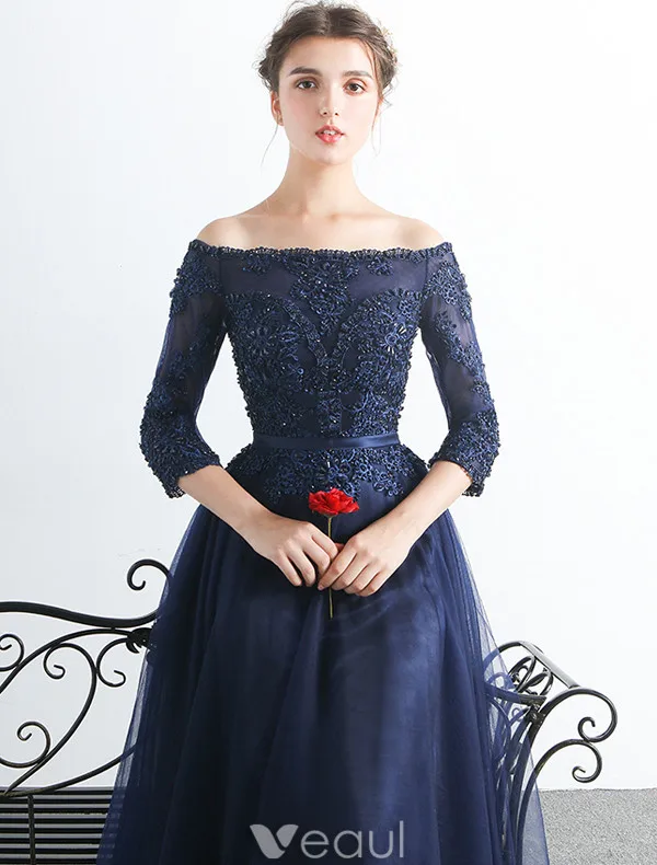 Eleganckie Sukienki Na Bal Studniówkę 2017 Off The Shoulder 3/4 Rękawy Granatowej Sukience