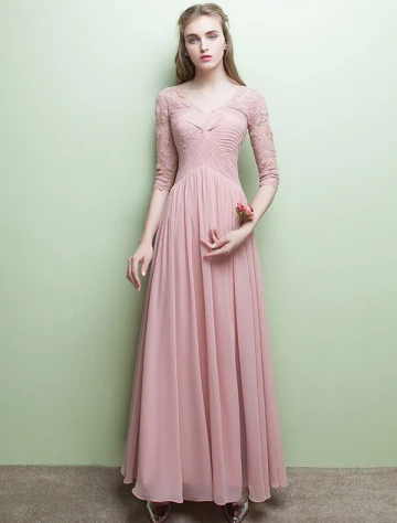 Robe De Soirée Glamour V Cou Volants Robe En Mousseline De Soie Rose Avec Manches