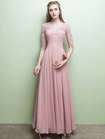 Robe De Soirée Glamour V Cou Volants Robe En Mousseline De Soie Rose Avec Manches