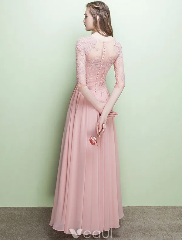 Glamorous Evening Dresses V-neck Ruffle Pink Chiffon Dress With Sleeves