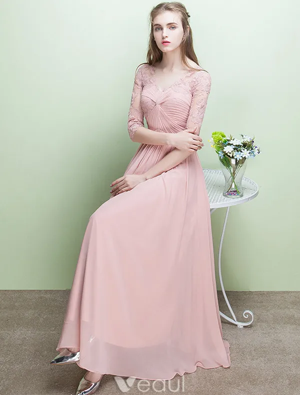 Glamorous Evening Dresses V-neck Ruffle Pink Chiffon Dress With Sleeves
