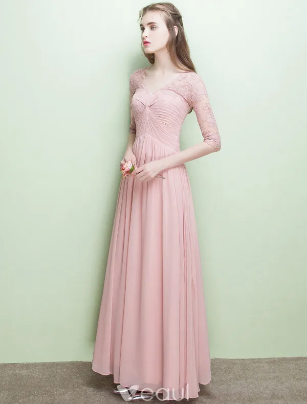 Glamorous Evening Dresses V-neck Ruffle Pink Chiffon Dress With Sleeves