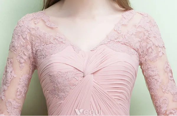Glamorous Evening Dresses V-neck Ruffle Pink Chiffon Dress With Sleeves