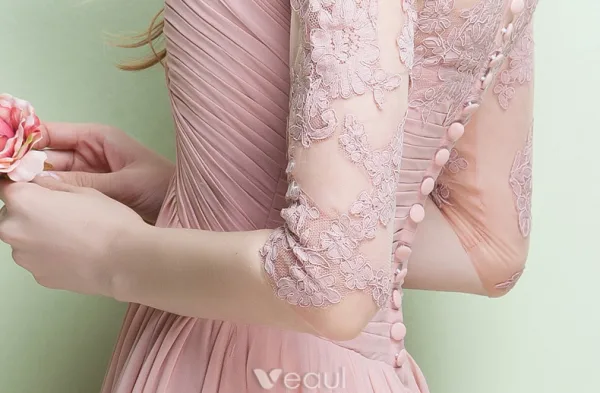 Glamorous Evening Dresses V-neck Ruffle Pink Chiffon Dress With Sleeves