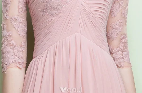 Glamorous Evening Dresses V-neck Ruffle Pink Chiffon Dress With Sleeves