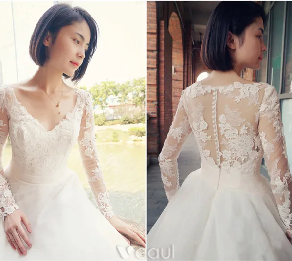 Glamouröse Brautkleider 2017 V-ausschnitt Applique Spitze Weiße Brautkleider Mit Zug