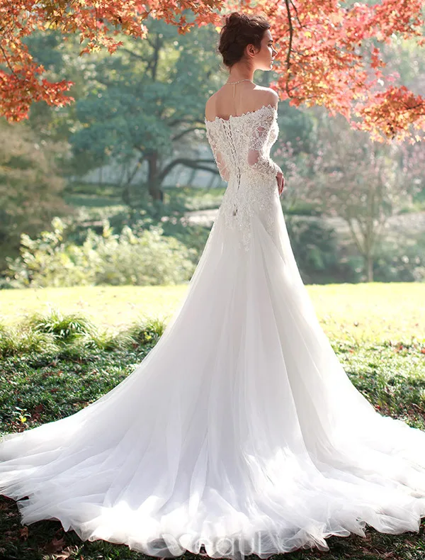 Elegant A-line Wedding Dresses 2017 Off The Shoulder Beading Applique Lace Bridal Gowns With Sleeves