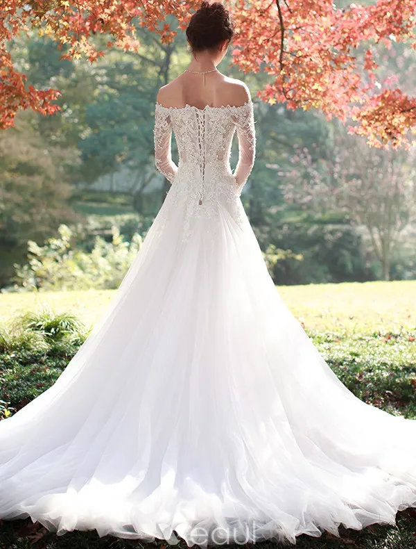 Elegant A-line Wedding Dresses 2017 Off The Shoulder Beading Applique Lace Bridal Gowns With Sleeves