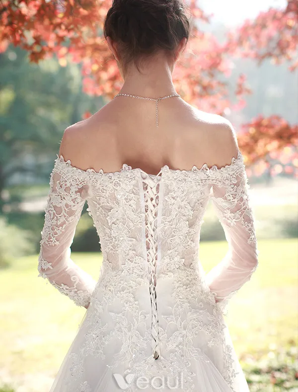 Elegant A-line Wedding Dresses 2017 Off The Shoulder Beading Applique Lace Bridal Gowns With Sleeves